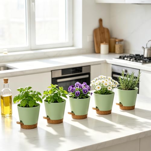 5 Pack 5 Inch African Violet Pots Self Watering (Green Brown / 5 inch 5 pcs)