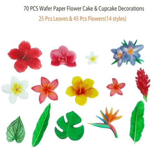 70pcs Edible Flowers Cake Decorations Tropical Hibiscus Flower & Leaf Wafer Paper Cake & Cupcake Toppers for Hawaiian Theme Birthday Party Decorating (Green & Yellow & Red)