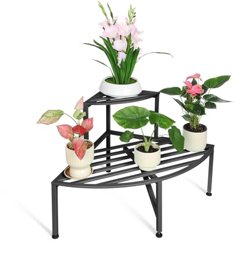 2 Tier Corner Plant Stand Outdoor Metal (Corner-Black)