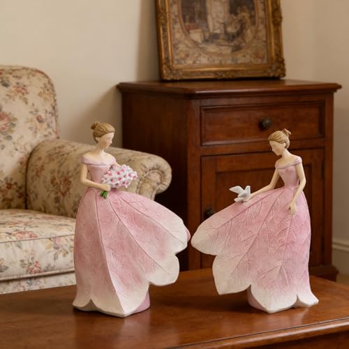 Pink Leaf Angel Girls Fairy Statue (Pink-bird / Large)