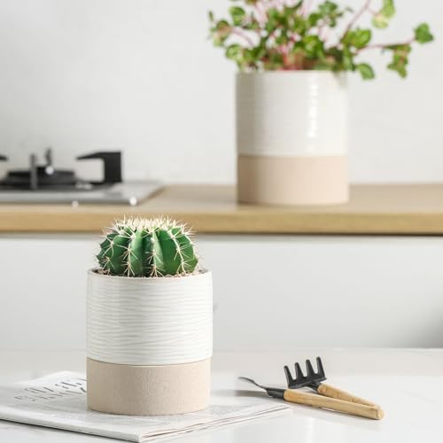 Ceramic Self Watering Plant Pot for Indoor Plants (Cream White & Brown / 4.5"+4.5" Self Watering)