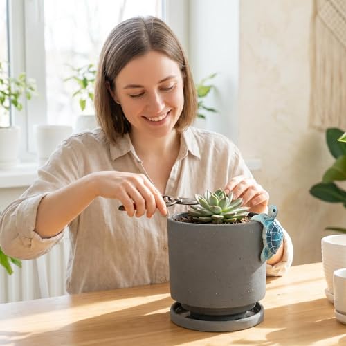 Ceramic Plant Pot with Cute Resin Figure for Idoor Plants (Charcoal Gray+bt / 5.7 Inch)