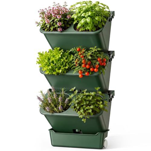 3 Set 6 Pocket Vertical Stackable Wall Planters Kit Outdoor Self Watering Plastic Planter Grow Hang Mount System for Strawberry Flower Vegetable Home Fence Balcony Wall Decor (Military Green)