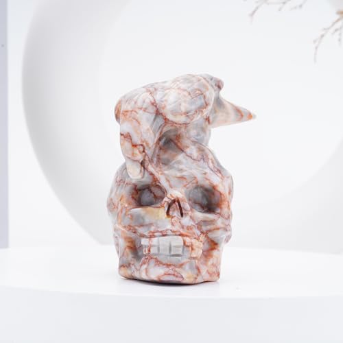 Natural Red Grid Crystal Skull and Crow Head Hand Carved Reiki Healing Stone Statue Healing Home Office Art Room Decoration (Red Grid Stone / 3inch)