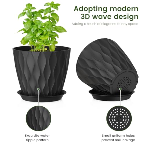 7/6.5/6/5.5/5/4.5/4 inch Plant Pots for Indoor Outdoor Plants, 7 Pack Thick Flower Pots with Drainage Holes and Saucers, Modern Wave Texture Plastic Planter Pots for Nursery, Succulent, Black (Black / 7+6.5+6+5.5+5+4.5+4 inch 7 pieces)