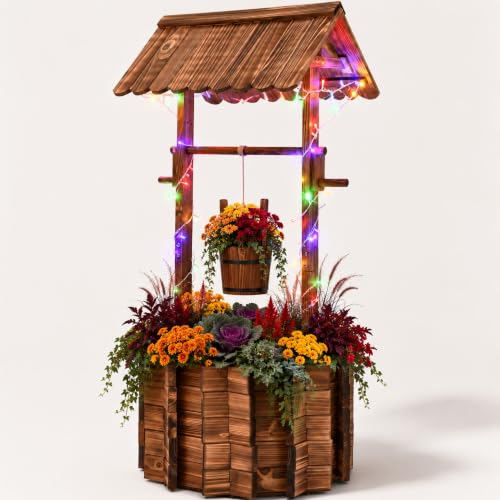 54" Outdoor Wooden Wishing Well Planter with Colorful LED Lights (54" H-wishing Well Planter)
