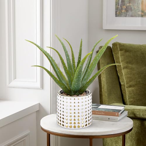 Artificial Succulent Aloe Plants 14.2 Inch Large Faux Succulents with Ceramic Pot Fake Aloe Potted Plant for Home Indoor Bathroom Table Bedroom Shelf Office Decor (Gold-15")