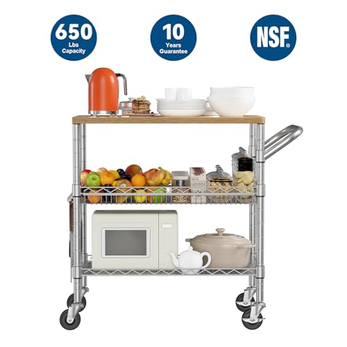 3 Tier Rolling Kitchen Carts with Wheels (Light Wood+metal-3 Tier)