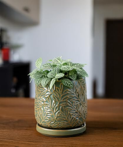 Embossed Leaves Ceramic Planter (4 Inch / Olive)