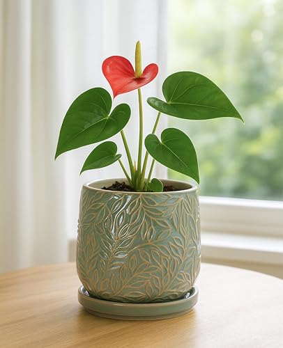 Embossed Leaves Ceramic Planter (5 Inch / Olive)