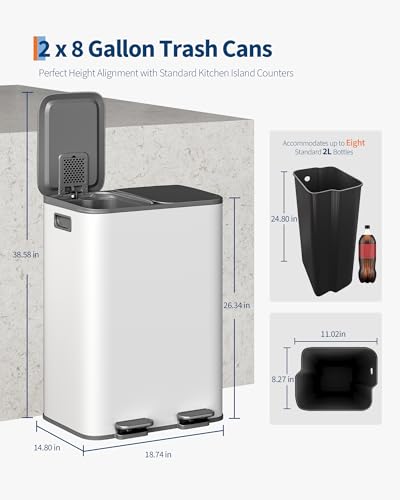 2 x 8 gal Stainless Steel Double Trash Can with Lid for Kitchen (Grayish-White / 2 x 8 Gallon)