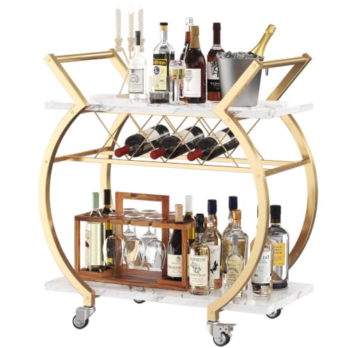 Gold Bar Cart with Wheels (Gold White Marble)