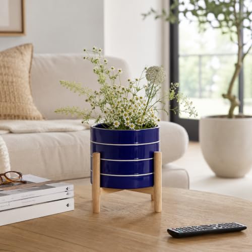 Striped Ceramic Planters with Wooden Stand for Home Decor Flower Pots for Entryway