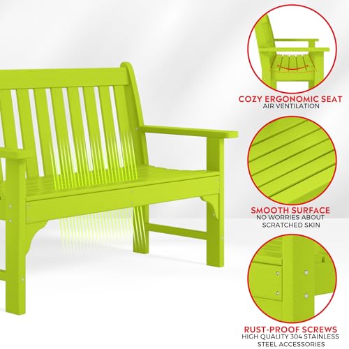 Garden Bench Farmhouse Park Front Porch for Entryway Bench Outdoor Seating Low Bench Patio Bench Outside (Lime / 51IN)