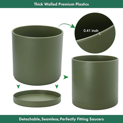 Plastic Planter Pot with Saucer (14 Inch / Olive)
