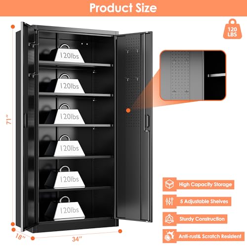 71" Black Lockable Metal Storage Cabinet (Black / 18"D x 34"W x 71"H)