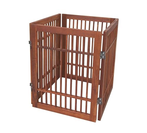 Freestanding Wooden Dog Gate Foldable Indoor Pet Gate No Drill Expandable Barrier for Doorways Stairs Hallways Portable Wood Fence for Small Dogs & Puppies (4 Panel 24" Tall / Brown Pet Gate)