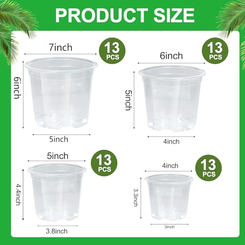 52 Pack 7/6/5/4 Inch Clear Nursery Pots with Drainage Holes,Plastic Plant Flower Pots for Planting,Succulents,Garden,Planters,Seed Starter,Indoor and Outdoor (Clear / 7/6/5/4 Inch)