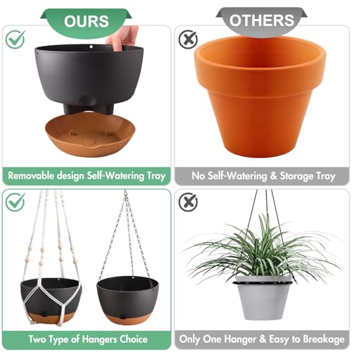 3 Pack 8/10/12 Inch Self-Watering Hanging Plant Pot Chain& Macrame Hangers (Black / 8/10/12inch)