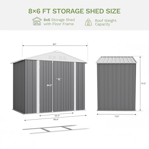 8x6 FT Outdoor Storage Shed with Floor Frame (Gray / 8x6 FT)