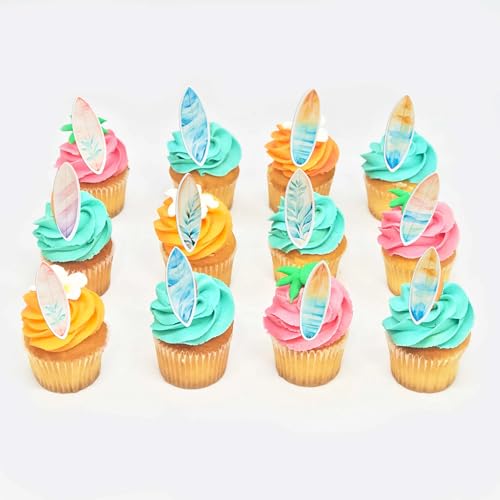 54Pcs Edible Surfboard Cupcake Toppers Wafer Paper Surfboard Mini Accents for Swimming Pool Summer Beach Party Luau Birthday Baby Shower Party Supplies Blue Pink Yellow (54 Count)