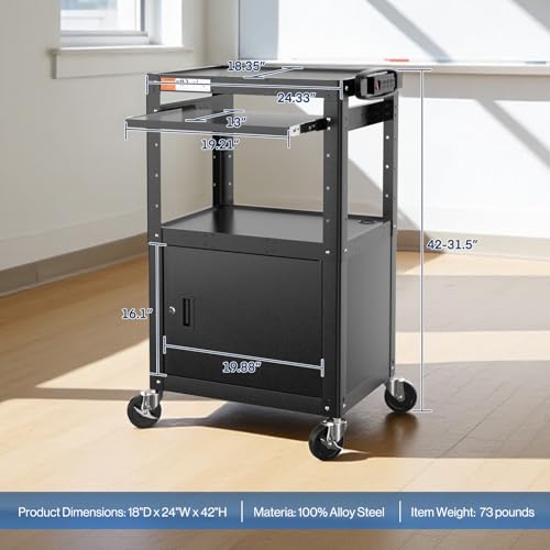 AV Cart Adjustable Height Rolling Computer Cart with Locking Cabinet (Large with Cabinet)