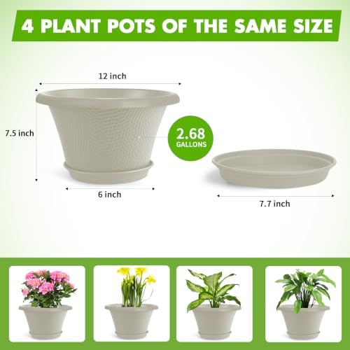 12 Inch Pots for Plants (Diamond Pattern-beige / 12 inch-4 Pack)