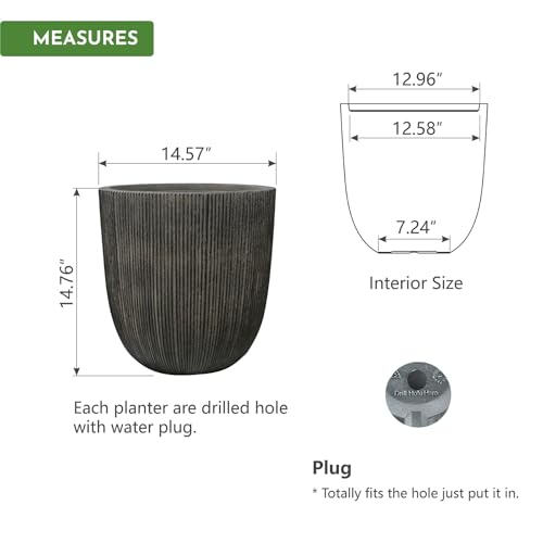 14.8" H Tapered Ribbed Large Plastic Planter with Drainage Hole & Plug (Vintage Black / 14.8in)