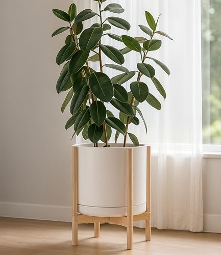 Ceramic Pot with Natural Wood Stand (14 Inch / Oatmeal Pot + Natural Stand)