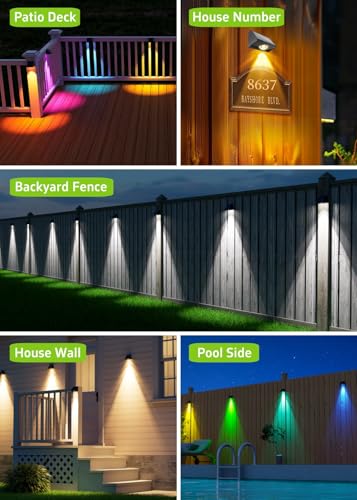 Solar Fence Lights Outdoor Waterproof Warm & Cool White & RGB（16Pack Black） (16 Count)