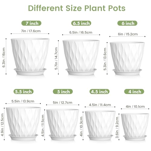 7/6.5/6/5.5/5/4.5/4 inch Plant Pots for Indoor Outdoor Plants, 7 Pack Thick Flower Pots with Drainage Holes and Saucers, Modern Wave Texture Plastic Planter Pots for Nursery, Succulent, White (White / 7+6.5+6+5.5+5+4.5+4 inch 7 pieces)