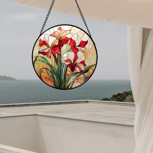 Red Flowers Green Leaves Stained Glass Window Hanging Suncatcher Gifts 15" (Red / 15x15 IN)