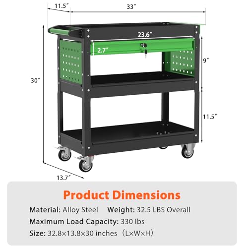 3 Tier Heavy Duty Rolling Tool Cart with Drawers (Black&green)