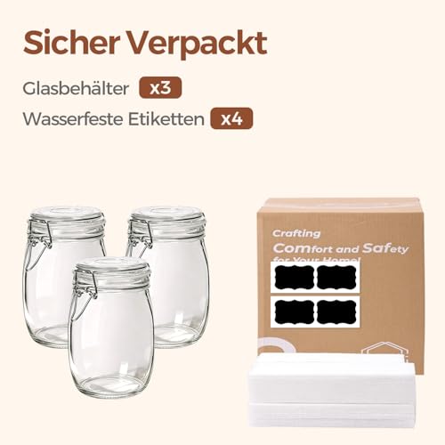 Glass Jars with Airtight Lids 34oz 3 Pack Pantry Storage Coffee (34oz*3)