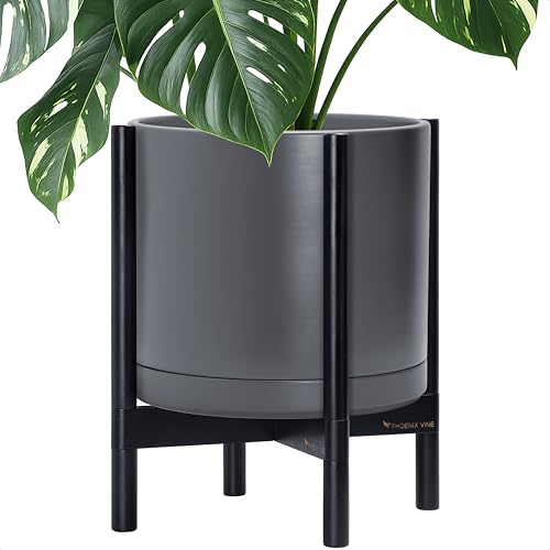 Ceramic Pot with Ebony Wood Stand (14 Inch / Grey Pot + Ebony Stand)
