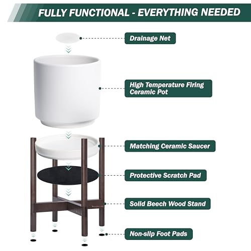 Ceramic Pot with Walnut Wood Stand (14 Inch / White Pot + Walnut Color Stand)