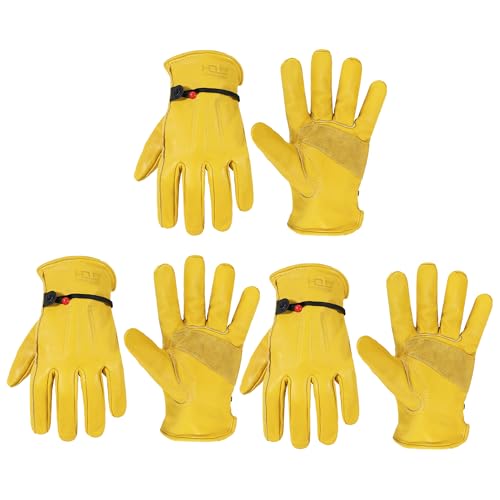 3 Pairs Leather Work Gloves for Men & Women (Golden (3 Pairs) / Large)