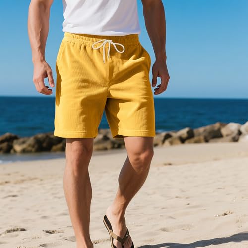 Men's Corduroy Shorts Casual Elastic Waist Drawstring Lightweight Summer Beach Shorts (Yellow-1 / XX-Large)