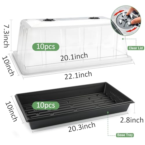 1020 Seed Starting Trays with Tall 7.3" Humidity Dome (10p 1020Trays+7.3''Domes)