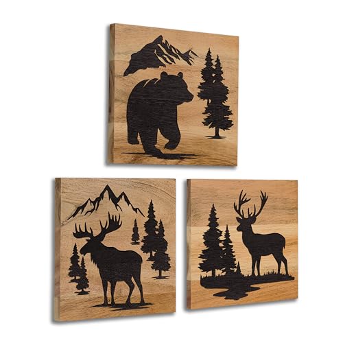 Real Wooden Cabin Wall Decor with Bear Deer & Moose (Forest Animals)