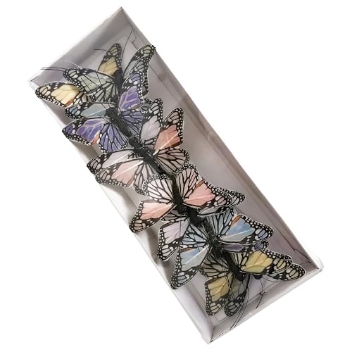 Artificial Feather Butterfly Party Decorations Set of 12 with Wire 6 Color Ornaments for Christmas Tree (G Wire)