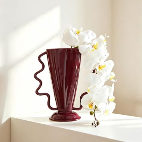 Red Rotary Vase Medieval Flower Vessel Living Room Entrance Personalized Simple Wabi Sabi Decorative Ornament Ceramic Ornament (Red)