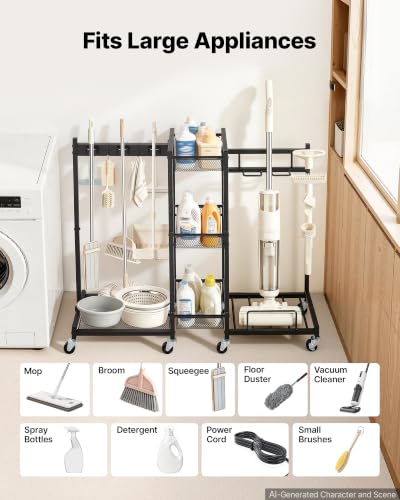 Broom Holder with Cleaning Supplies Organizer (Large)