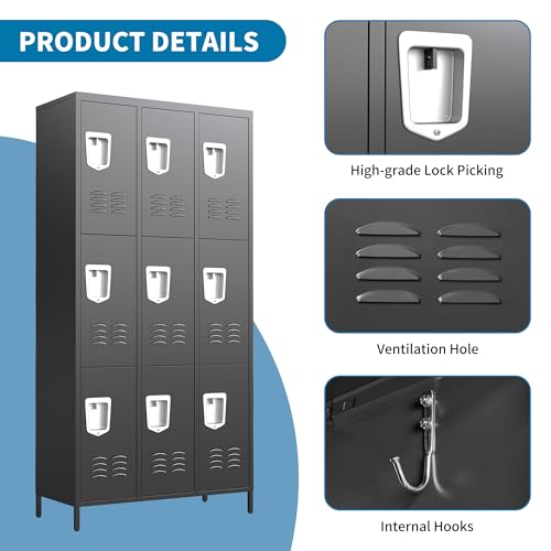 9 Doors Metal Lockers for Employees 71" H Storage Cabinet Lockable Locker with Shelves Steel Storage Locker for Gym School Office Home Requires Assembly (9 doors-72" / Black)