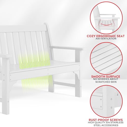 Garden Bench Farmhouse Park Front Porch for Entryway Bench Outdoor Seating Low Bench Patio Bench Outside (White / 51IN)