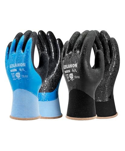 LANON 2 Pairs Waterproof Work Gloves for Men and Women (Blue&black / Medium)