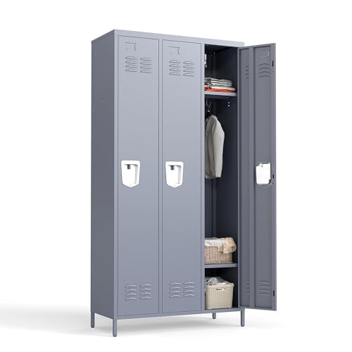 3 Doors Metal Lockers for Employees 71" H Storage Cabinet Lockable Locker with Shelves Steel Storage Locker for Gym School Office Home Requires Assembly (3 doors-72" / Grey)