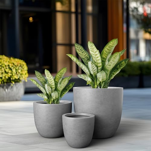 3 Pack 18" 14" 10" W Round Pale Gray Concrete Planters (Gray / Set of 3: 10/14/18-Inch Dia)