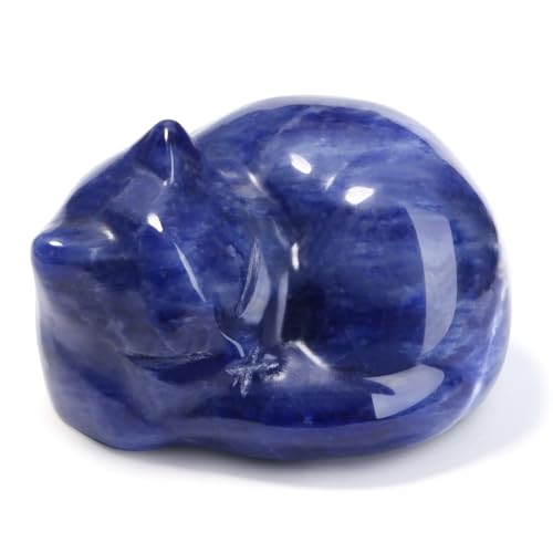 Sodalite Cat Healing Crystals Figurine Sleeping Cat Hand Carved Cute Statue Polished Stone Sculpture Reiki Office Room Bedroom Desk Home Decoration Gifts 1.6" (O-sodalite)