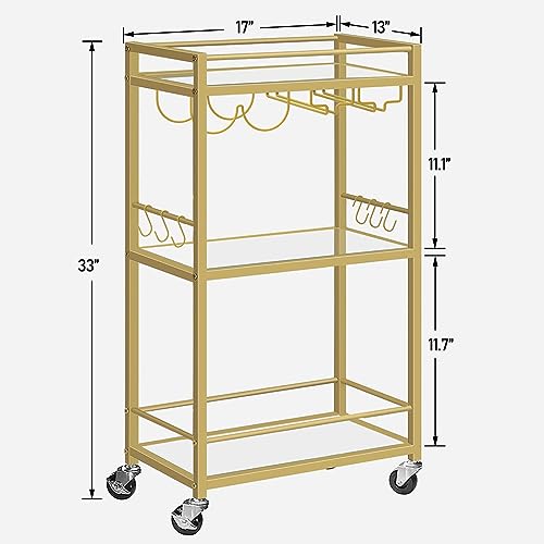 Gold Bar Cart with 3 Mirrored Shelves (Gold（3 Tier）)